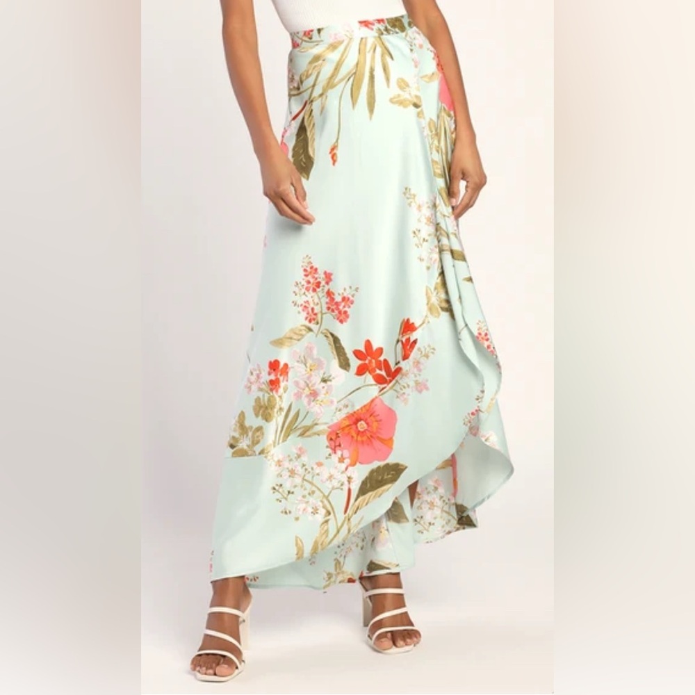 Lulu's Floral Print Satin green blue  A-Line Maxi Skirt